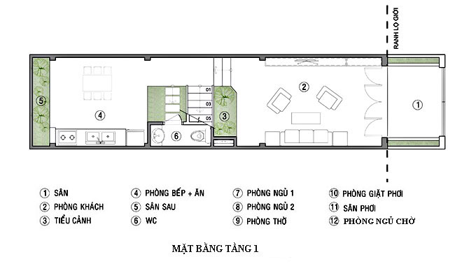Mặt bằng Thiết kế nội thất nhà phố mái lệch tầng 1